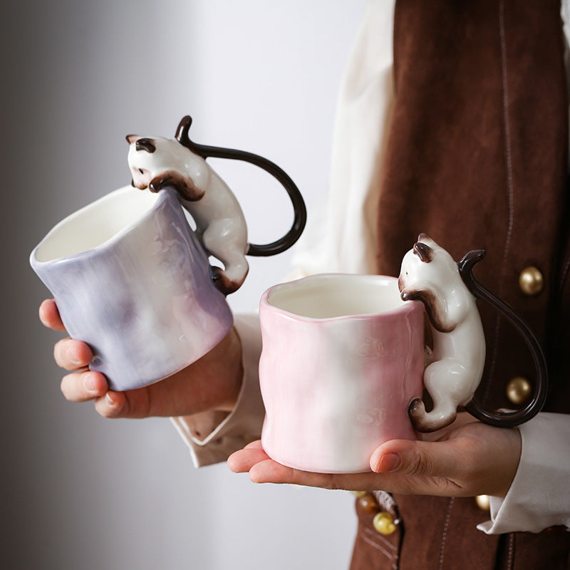 Hand Painted 3D Siamese Cat Ceramic Mug - Pink & Blue, 350ml