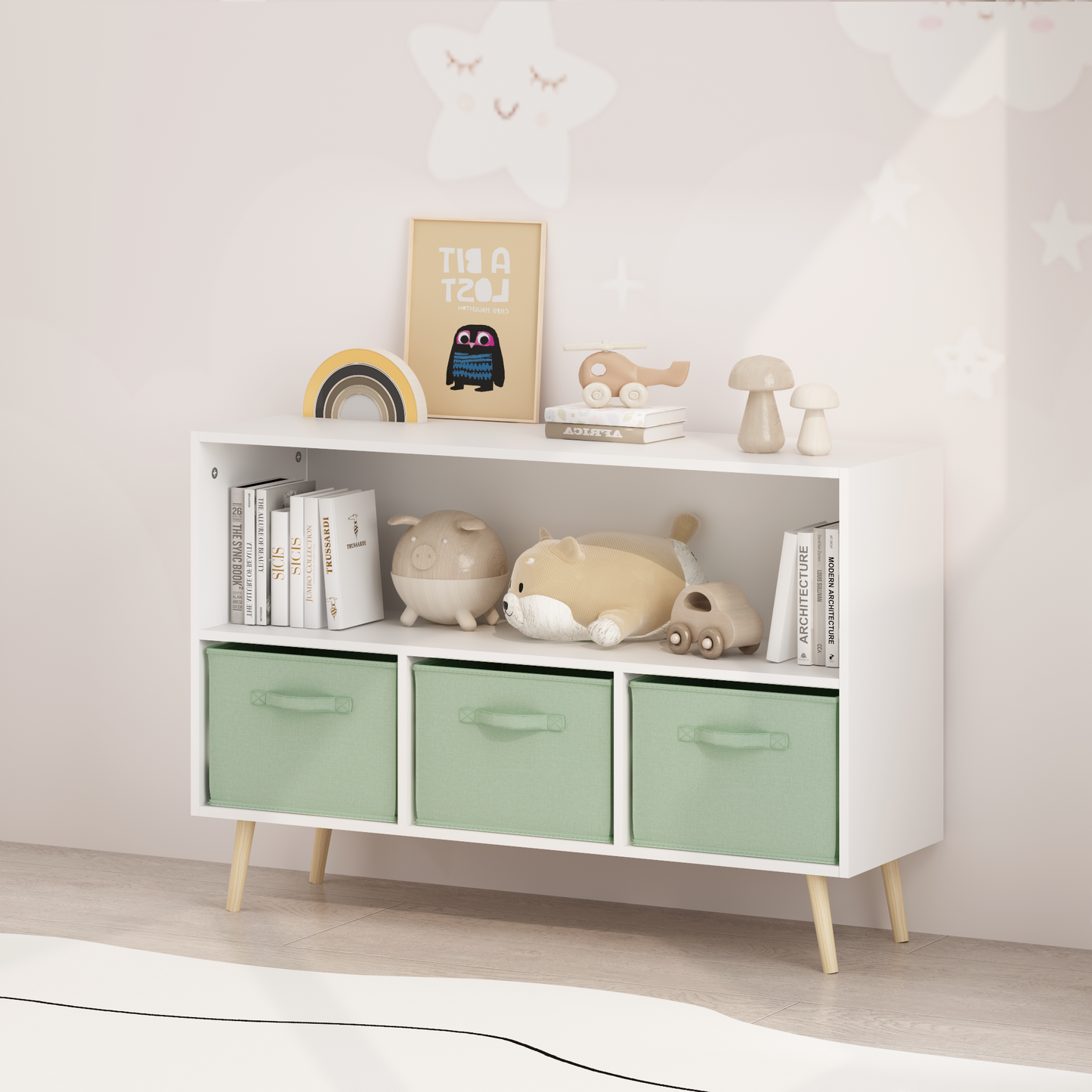 Kids Bookcase with Collapsible Fabric Drawers - White & Green