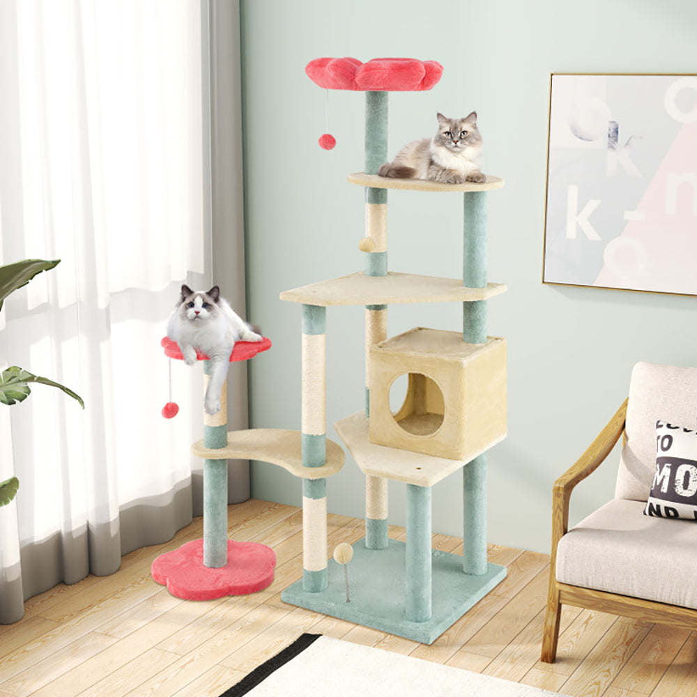 Multi-Level Cat Tree Tower with Flower-Shaped Perch and Scratching Posts - 61 Inch