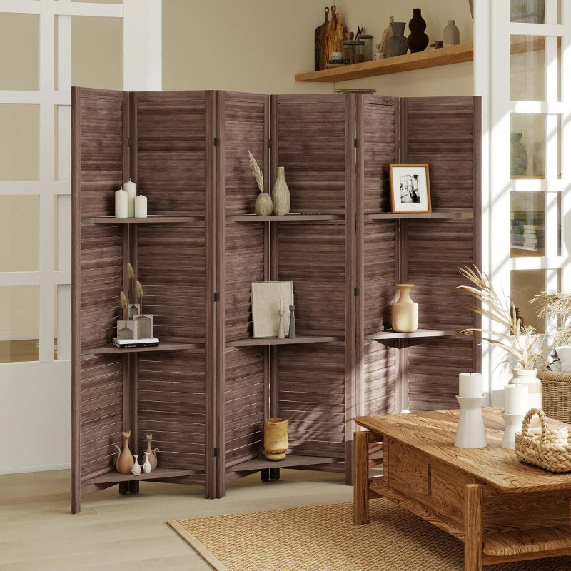 Wood Privacy Screen Room Divider with 3 Shelves - Walnut