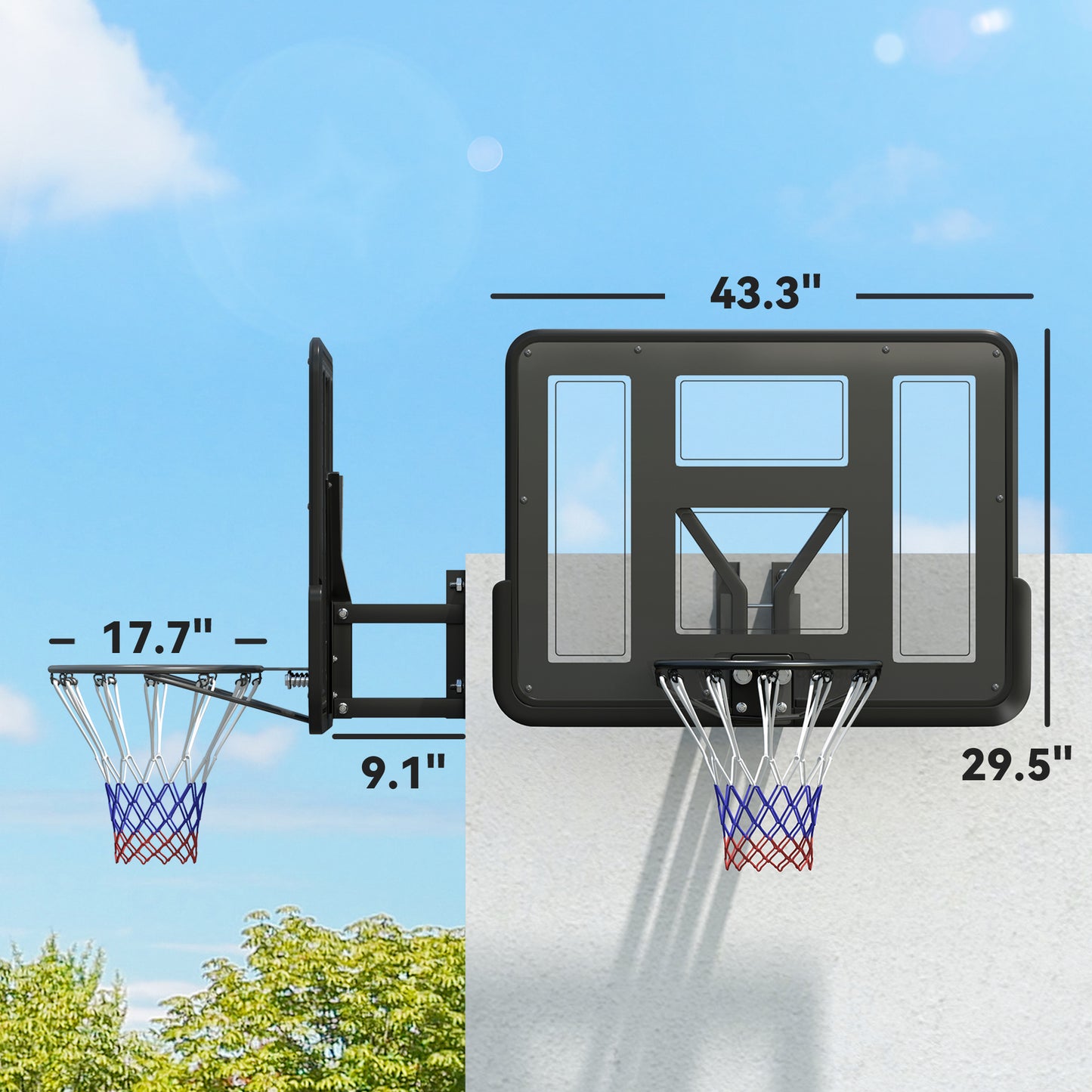 Wall Mounted Basketball Hoop with 43" Shatter Resistant Backboard - Black