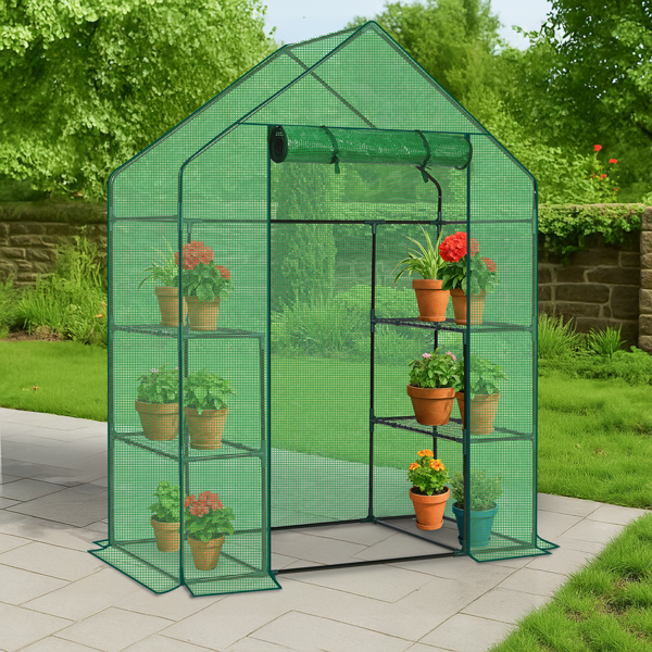 Walk-In Greenhouse with PE Cover & 4 Shelves - Indoor Outdoor Plant Garden
