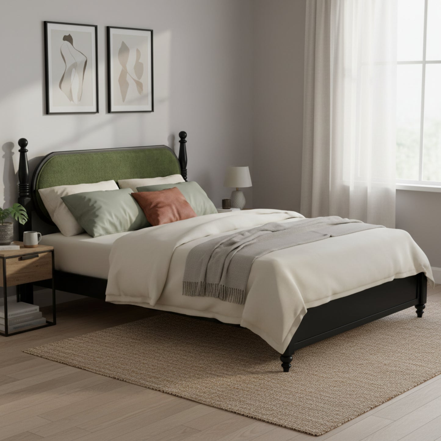 Queen Bed Frame - Solid Wood Platform with Green & Black Upholstered Headboard