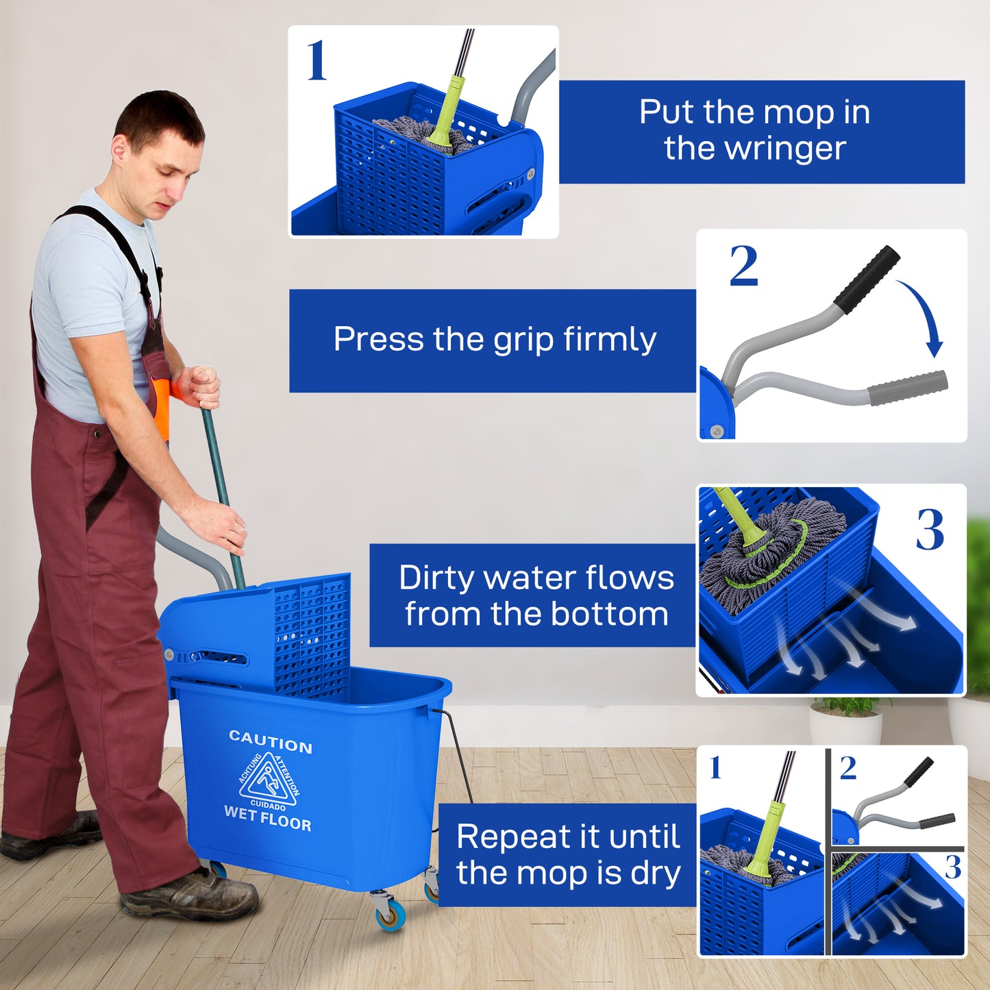 Blue 21 Quart Mop Bucket with Wringer & Water Separation for Floor Cleaning