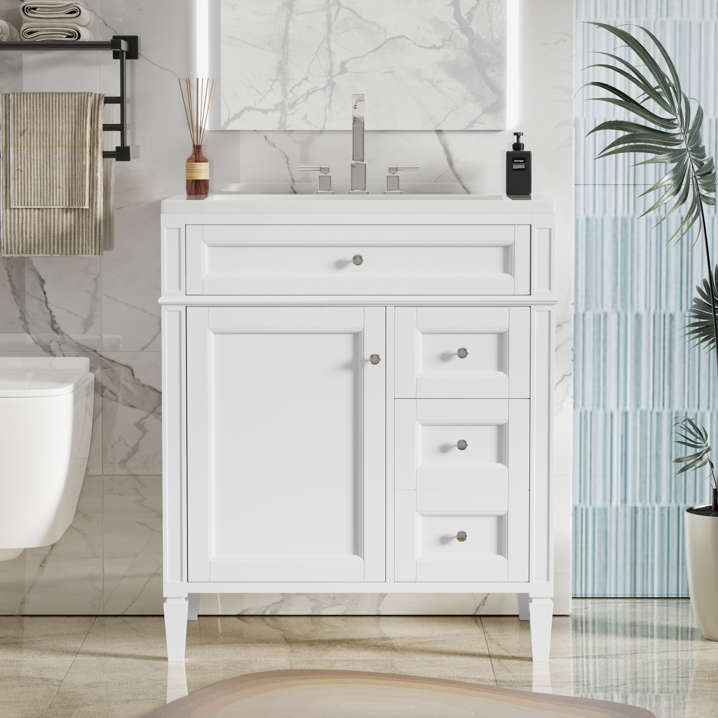 30'' Modern Bathroom Vanity with Top Sink & 2 Drawers - White