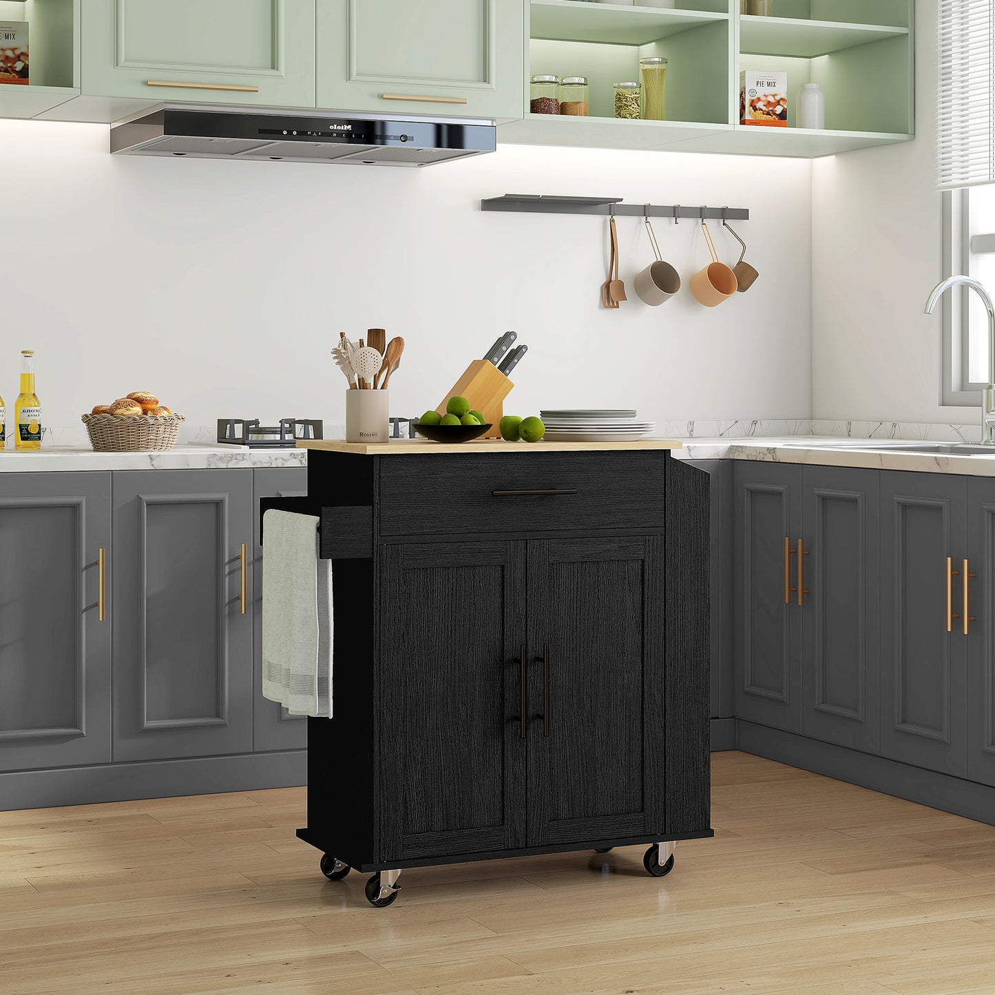 Rolling Kitchen Island Cart with Power Outlets & Storage - Black