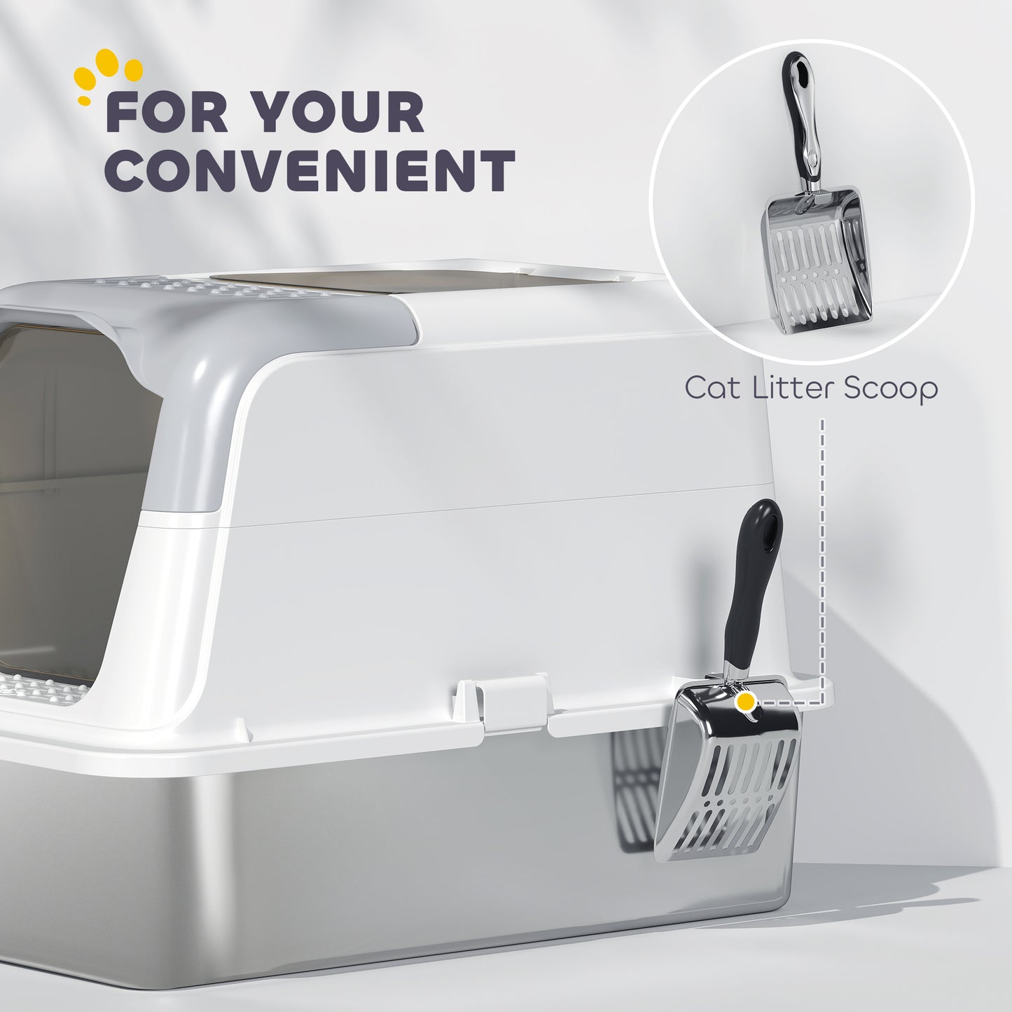 Enclosed Stainless Steel Cat Litter Box with Scoop & Pedal - Large White