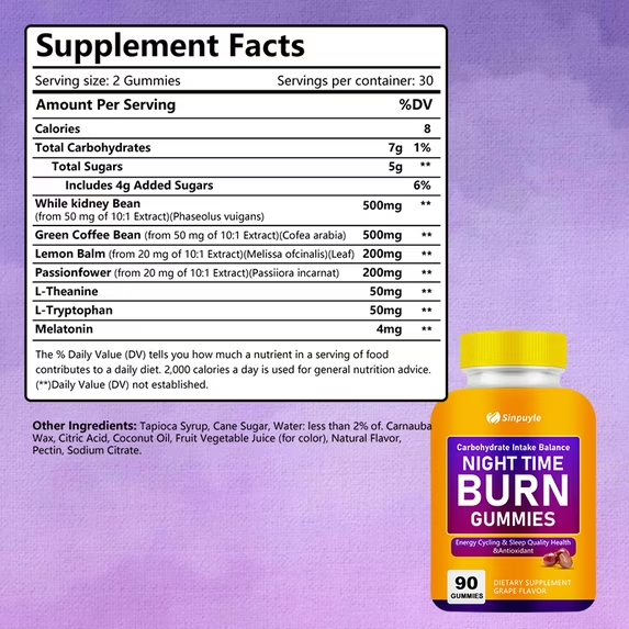 Night Time Burn Gummies, Grape Flavored, Vegan & Gelatin-Free, 90 Count