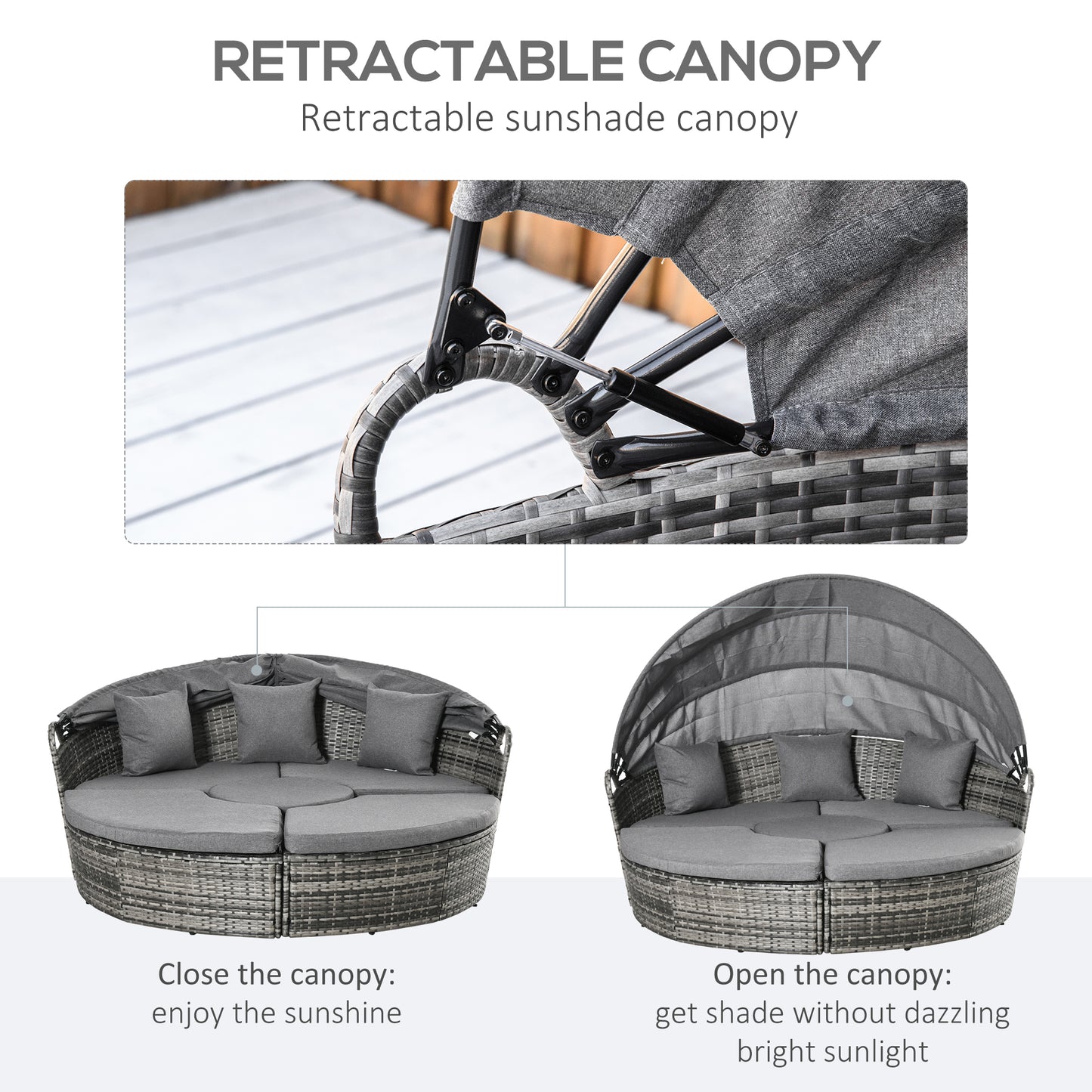 4-Piece Round Rattan Daybed Set with Adjustable Canopy - Gray