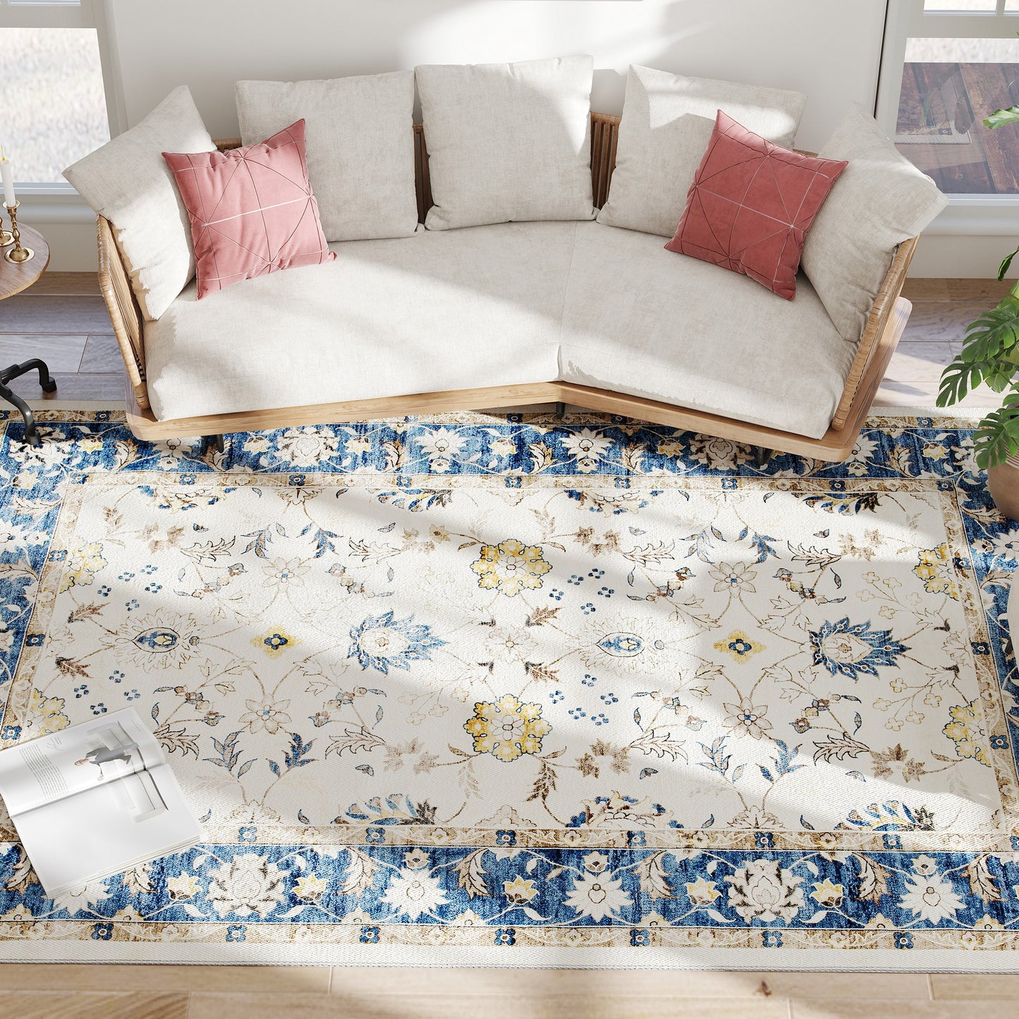 Machine Washable Boho Floral Area Rug 8x10 - Blue