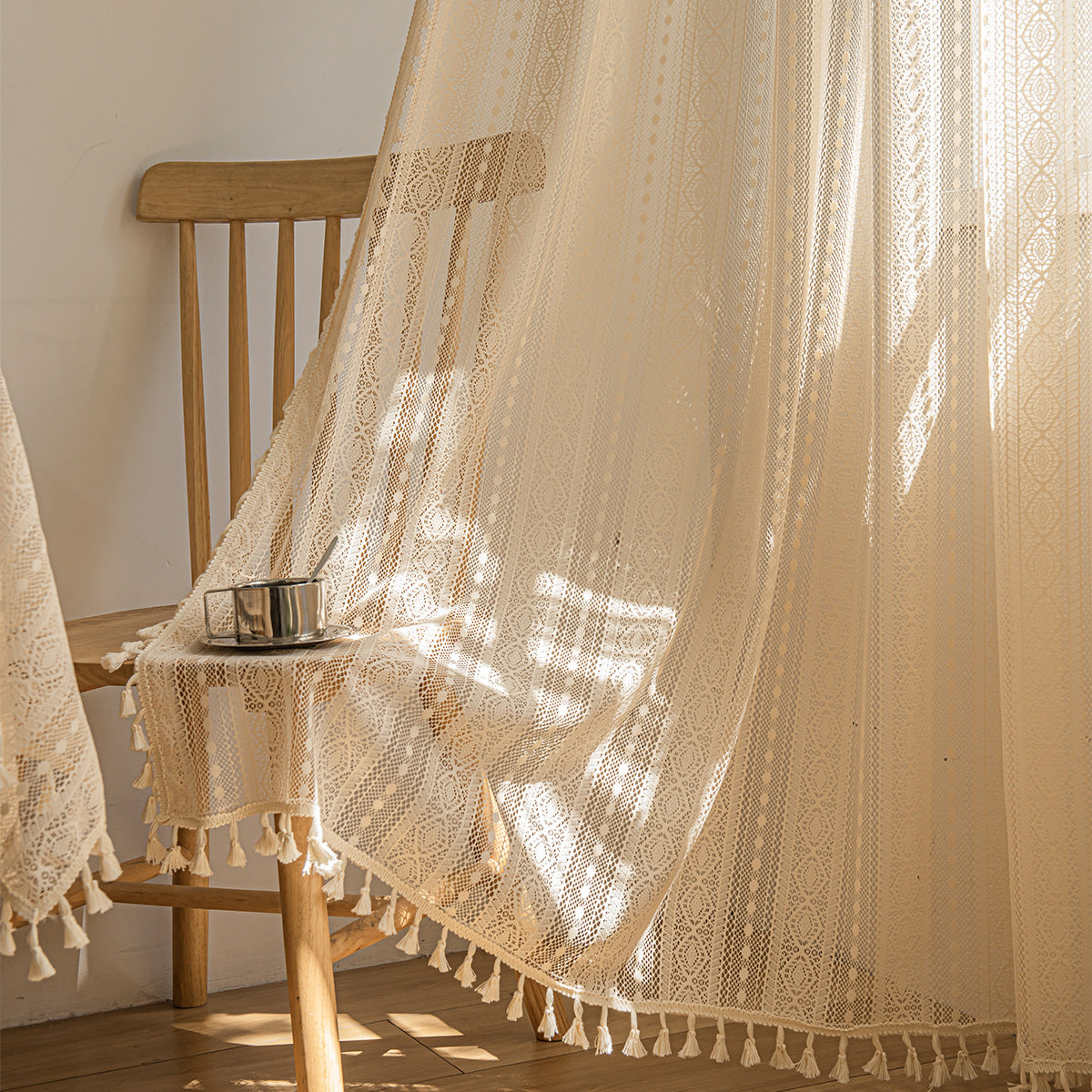 Wood Color Lace Mesh Curtains for Living Room & Bedroom - Bohemian Dots