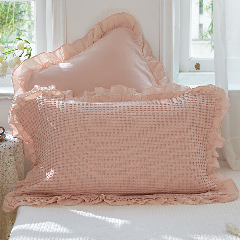 Cotton Waffle Pillowcase Set - Ruffled Single-Piece Bedding for Bedroom