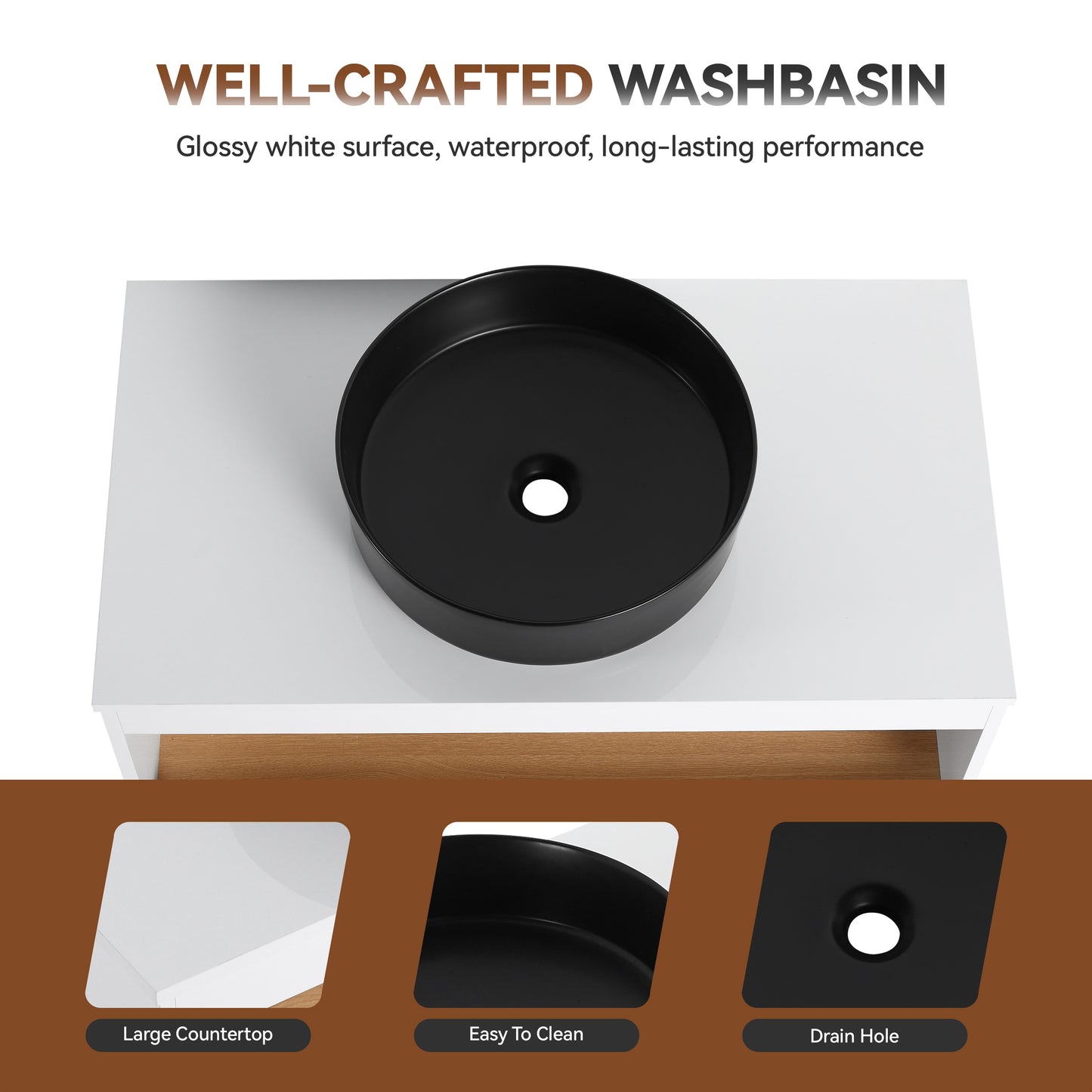 36" Floating Bathroom Vanity with Round Sink & Open Shelf - Black, White, Light Oak