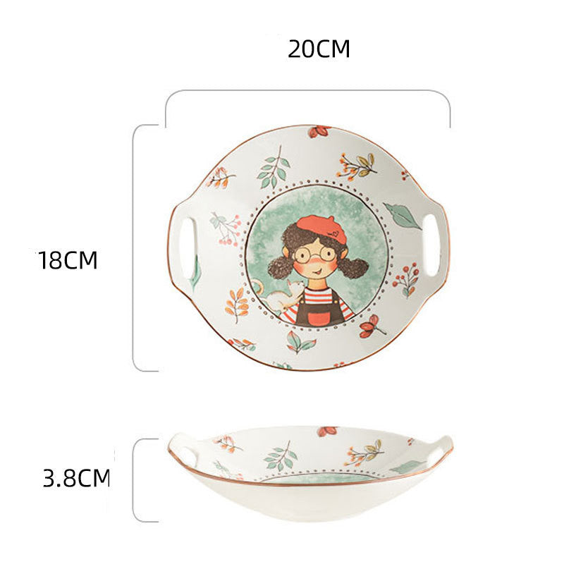 Ceramic Dinnerware Set - Cute Fairy Tale Forest Baked Rice Plates for Family & Kids
