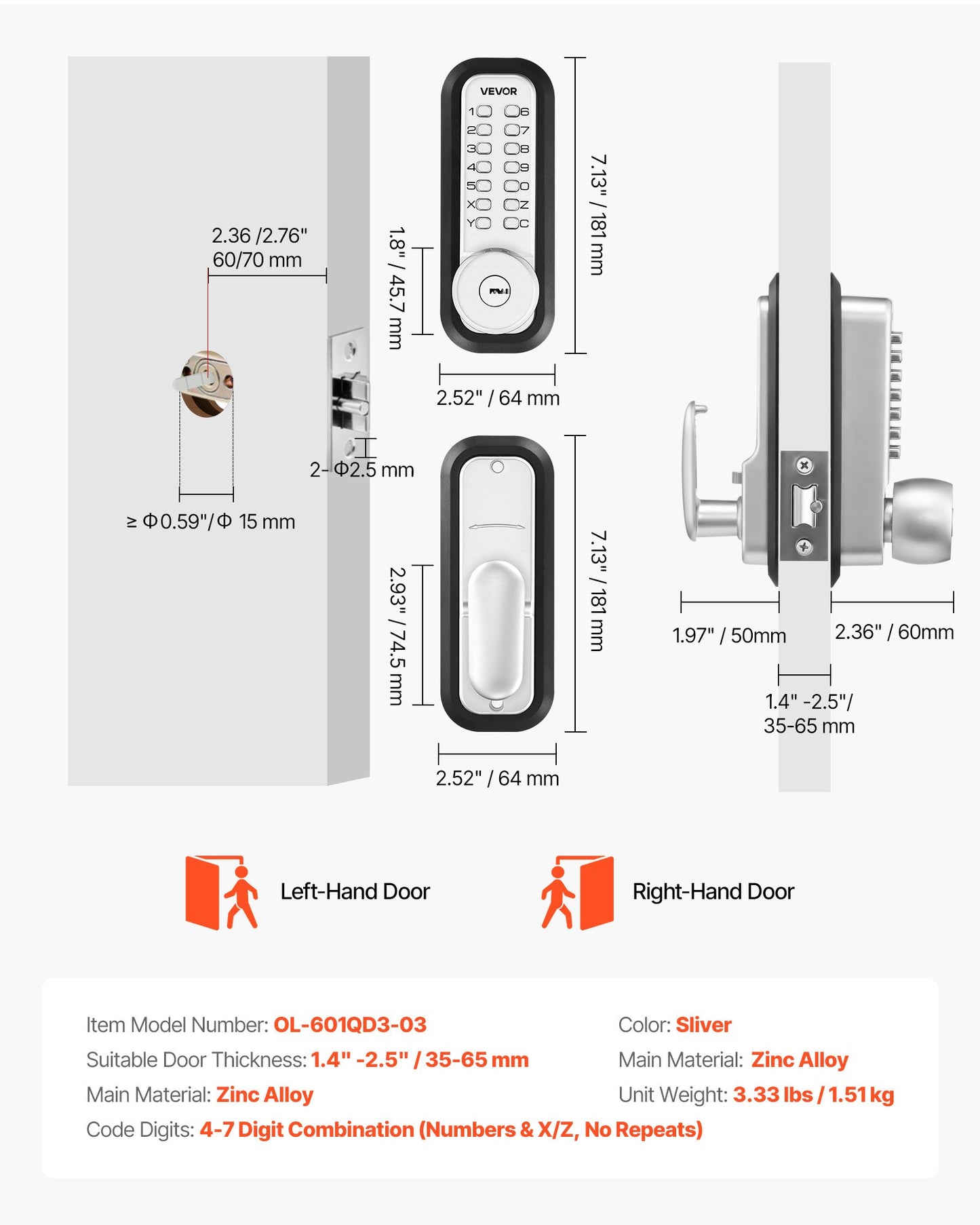 Mechanical Keyless Door Lock for Garden Gates - 4-7 Digit Code, Auto Lock, Black