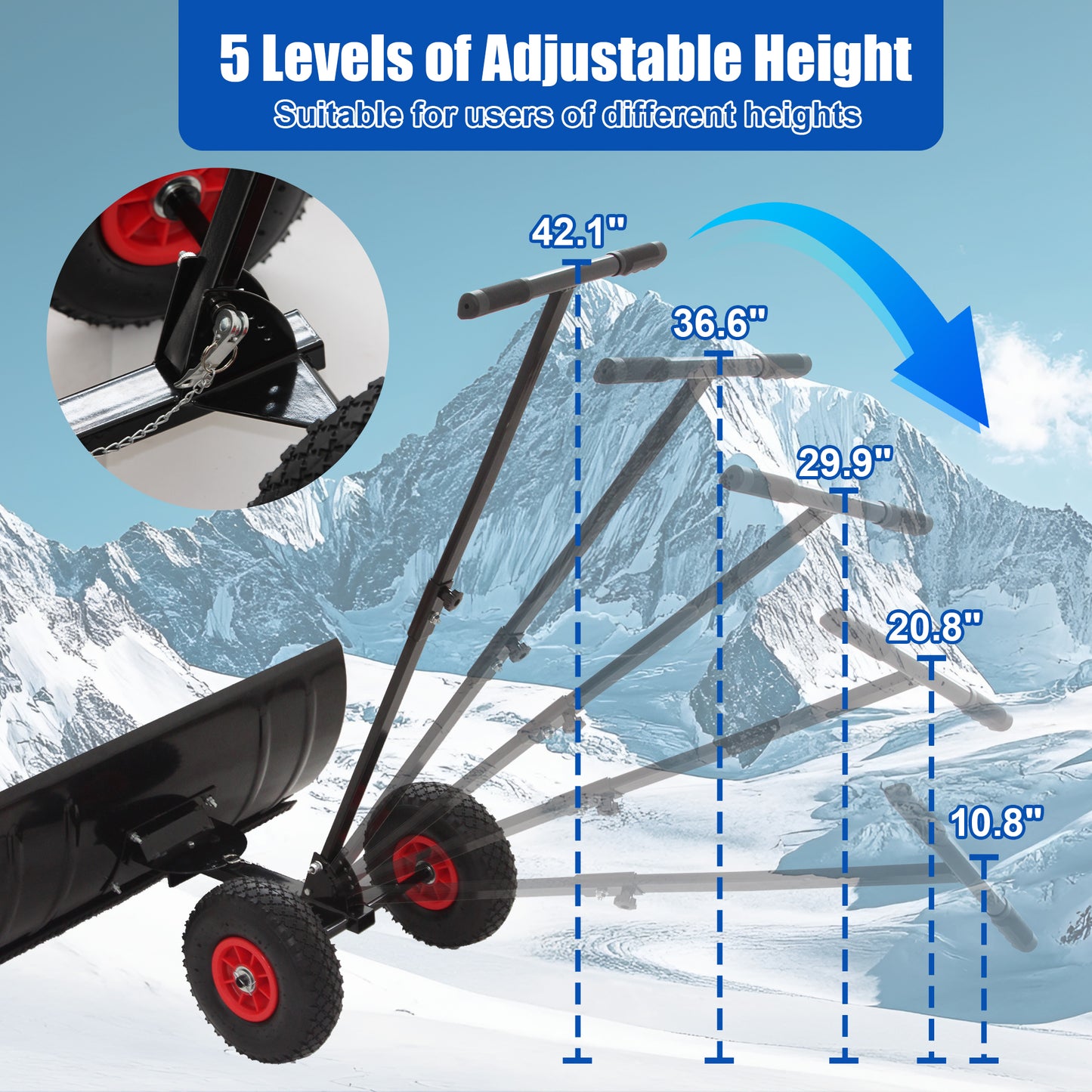 30-Inch Wide Metal Snow Plow with Adjustable Handle & Dual Wheel Options