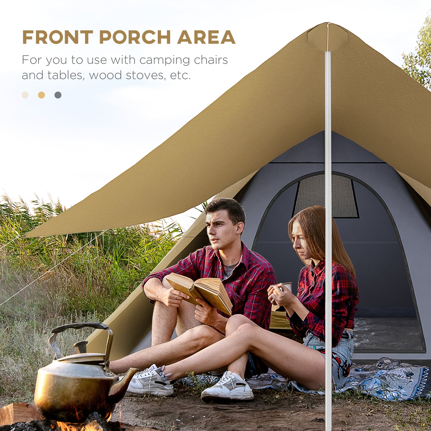 Waterproof Teepee Tent with Porch Area for 2-3 Persons - Coffee