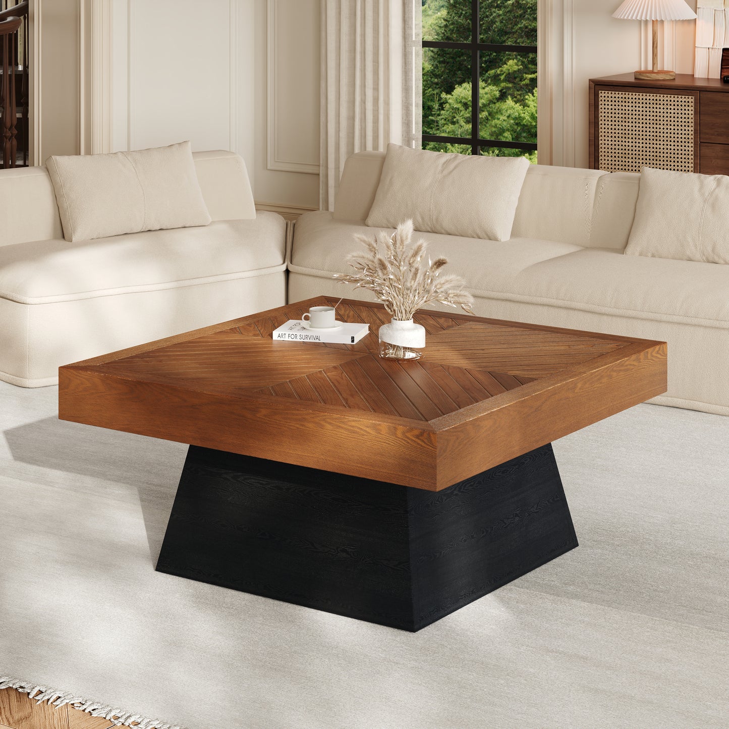 Modern Square Coffee Table - 31.5 Inch, Brown Wood Grain Top & Black Base