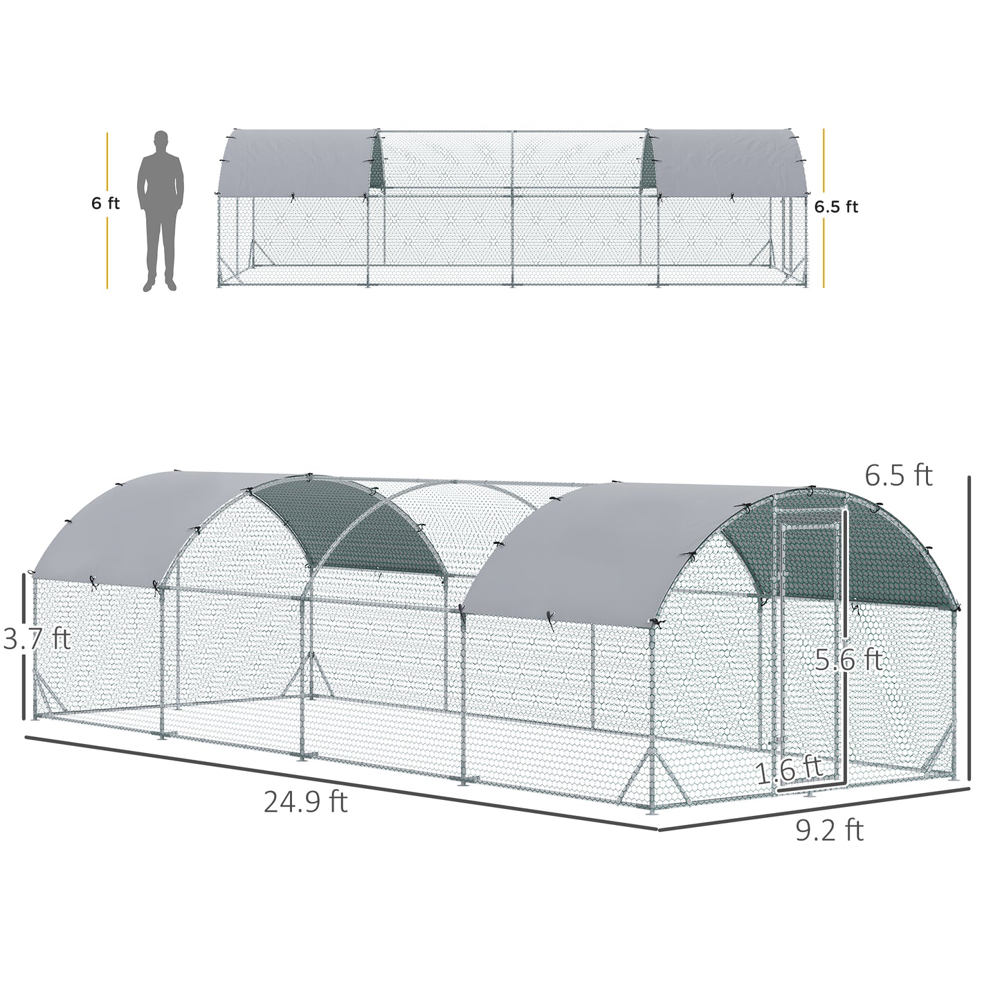 Large Metal Chicken Coop with Waterproof Cover - Outdoor Animal House, 9.2x24.9x6.5 ft, Silver
