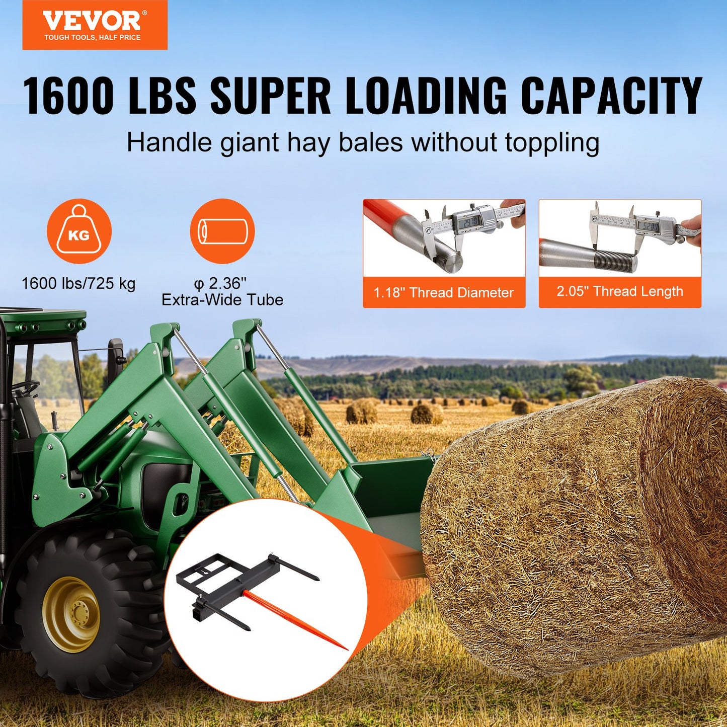 39' Hay Spear Bale Fork Loader Attachment 1600lbs Capacity with Chain & Stabilizers