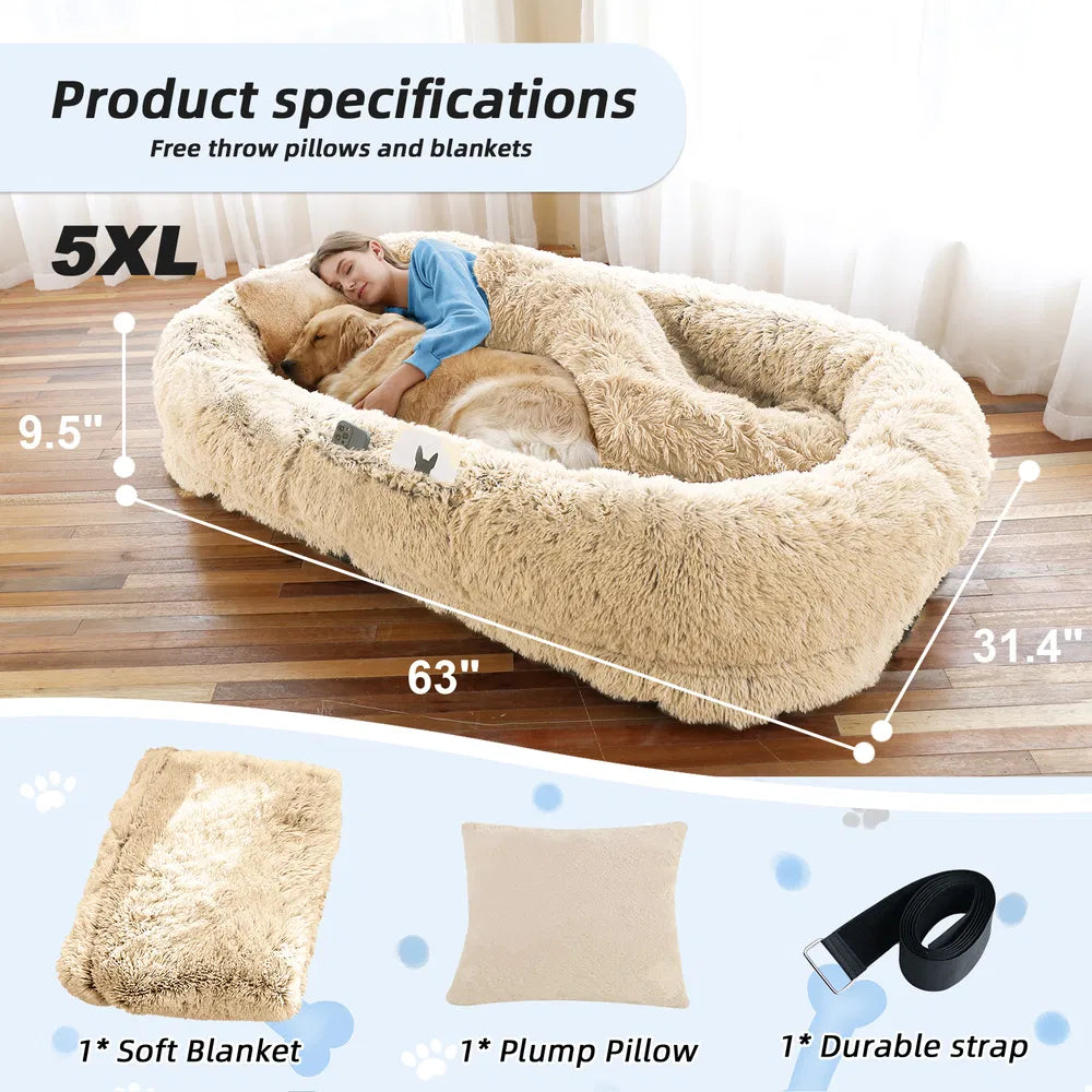 Large Human Dog Bed with Faux Fur Cover, Orthopedic Napping Pillow & Blanket