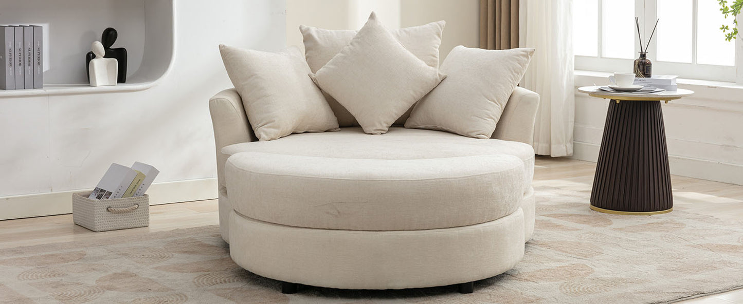 360° Swivel Accent Barrel Chair with Storage Ottoman & 4 Pillows - Cream
