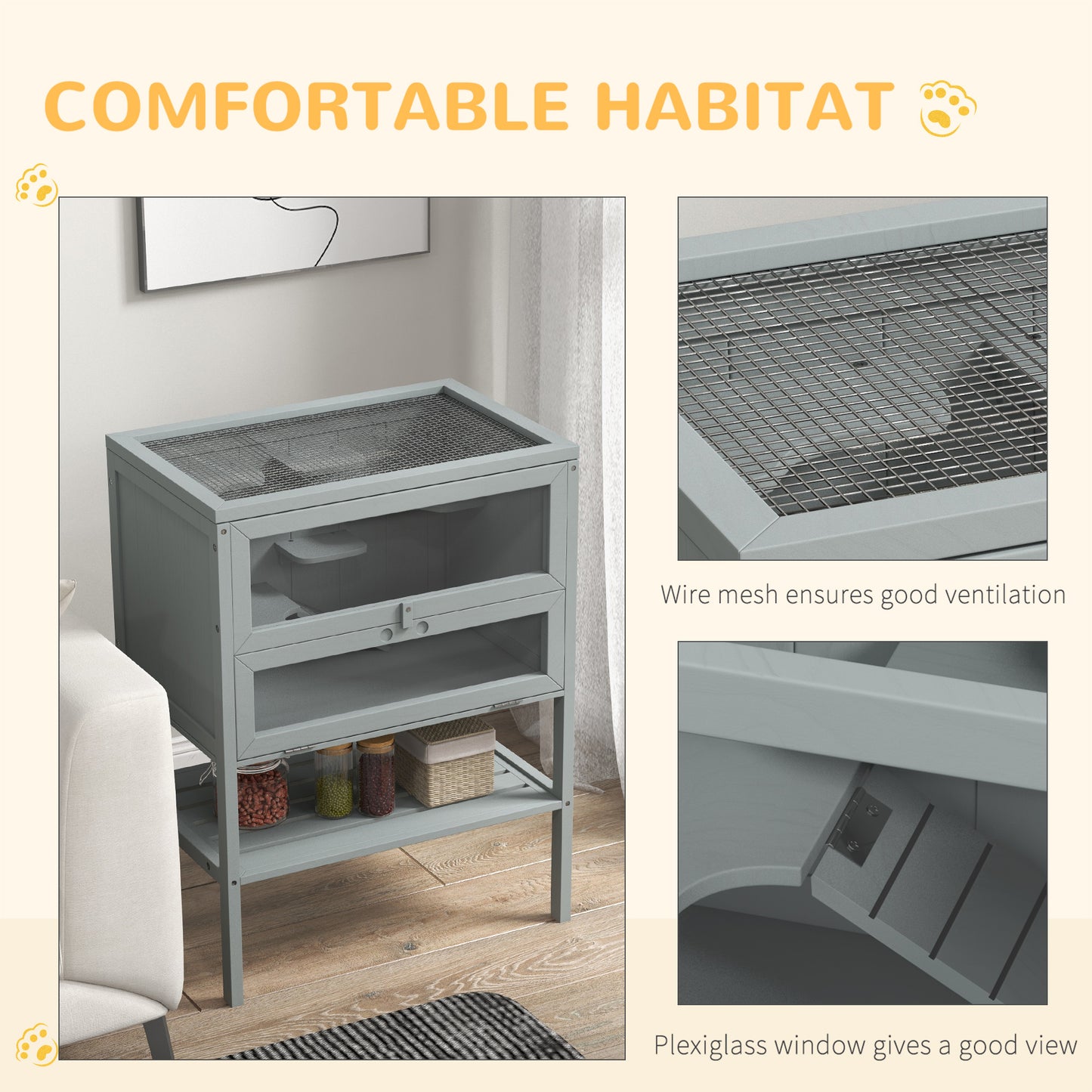 3-Tier Wooden Hamster Cage with Openable Top and Storage Shelf - Gray, 830x450x185mm