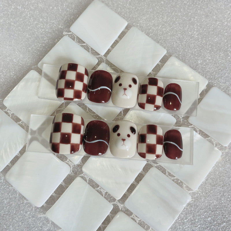 Handmade Nail Stickers Checkerboard Coffee Bear