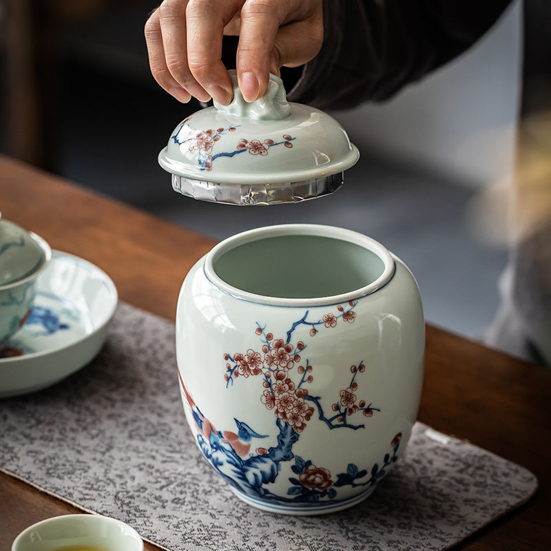 Ceramic Teapot with Blue and White Design & Storage Jar - Household Kitchen Decor
