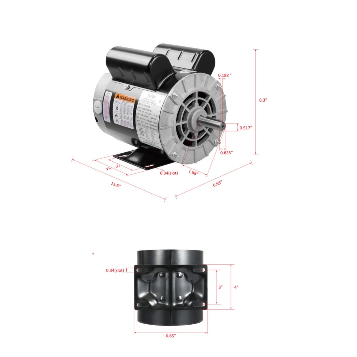 5HP SPL Air Compressor Motor 230V 17.6A 3450RPM 56 Frame Black