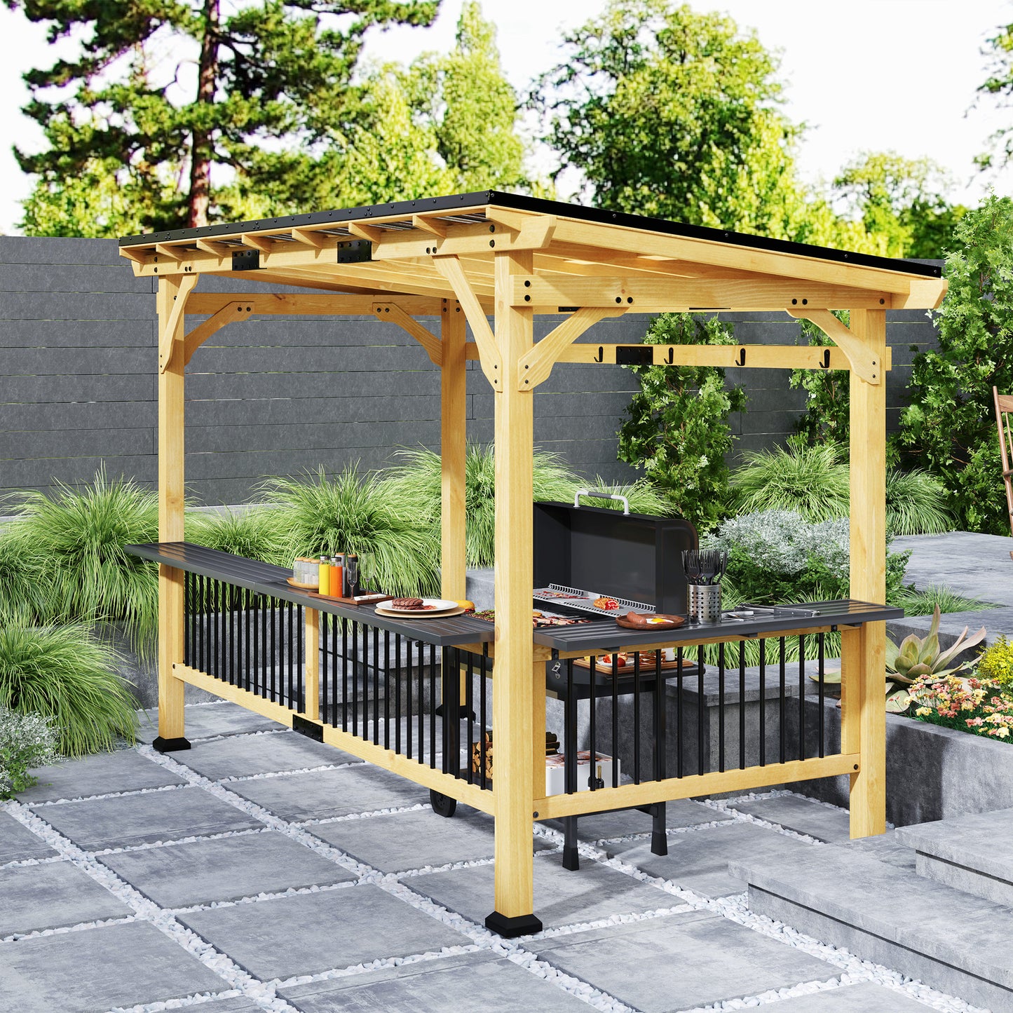 Outdoor Grill Gazebo with Metal Roof and Bar Shelves - Natural Wood
