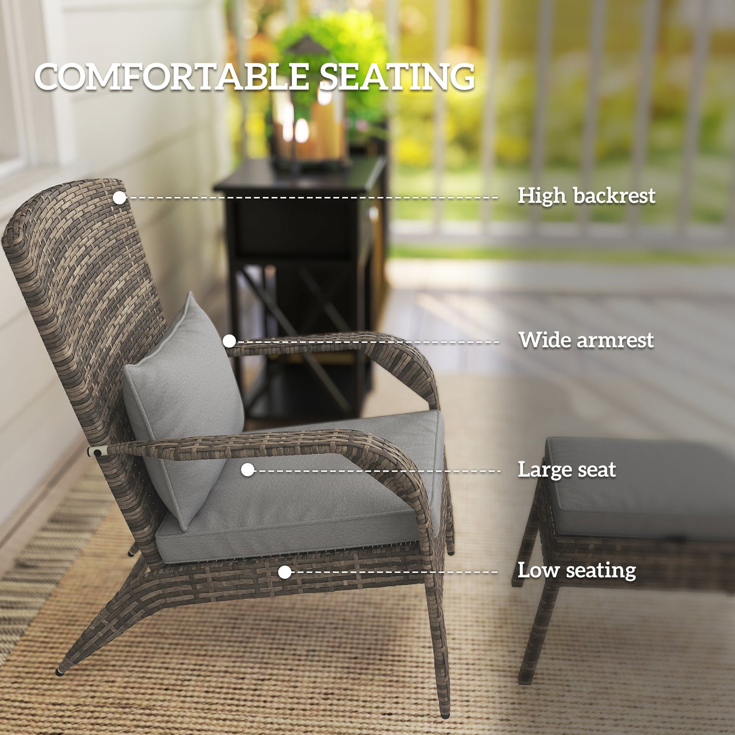 Wicker Adirondack Chair with Ottoman & Cushions - Gray