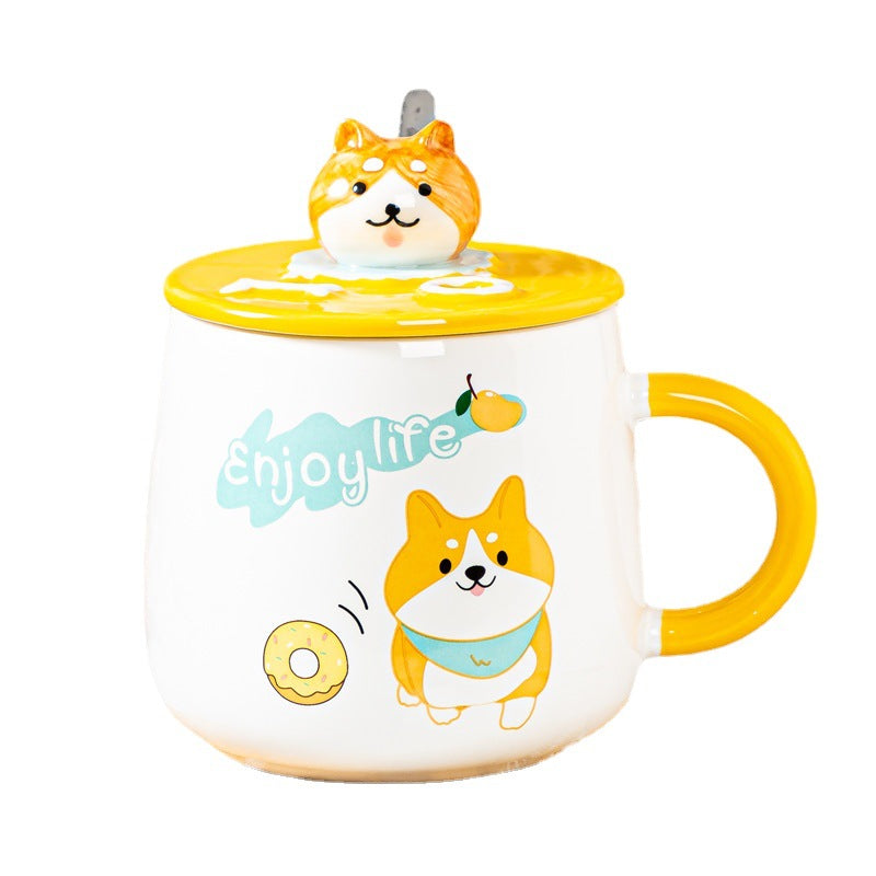 Cute Cartoon Ceramic Mug with Lid and Spoon - 4 Styles, 301-400ml