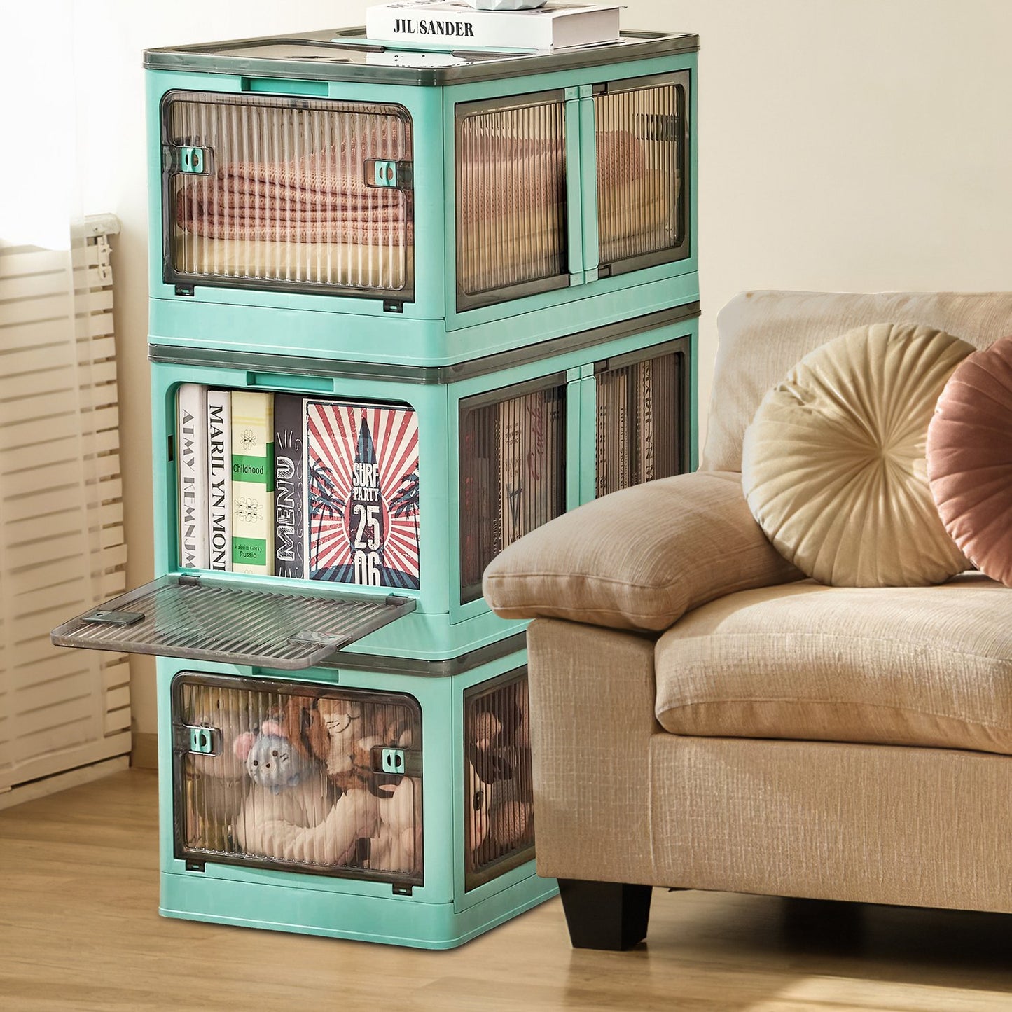 3Pcs Foldable Storage Bins With Lid 4 Doors Collapsible Stackable