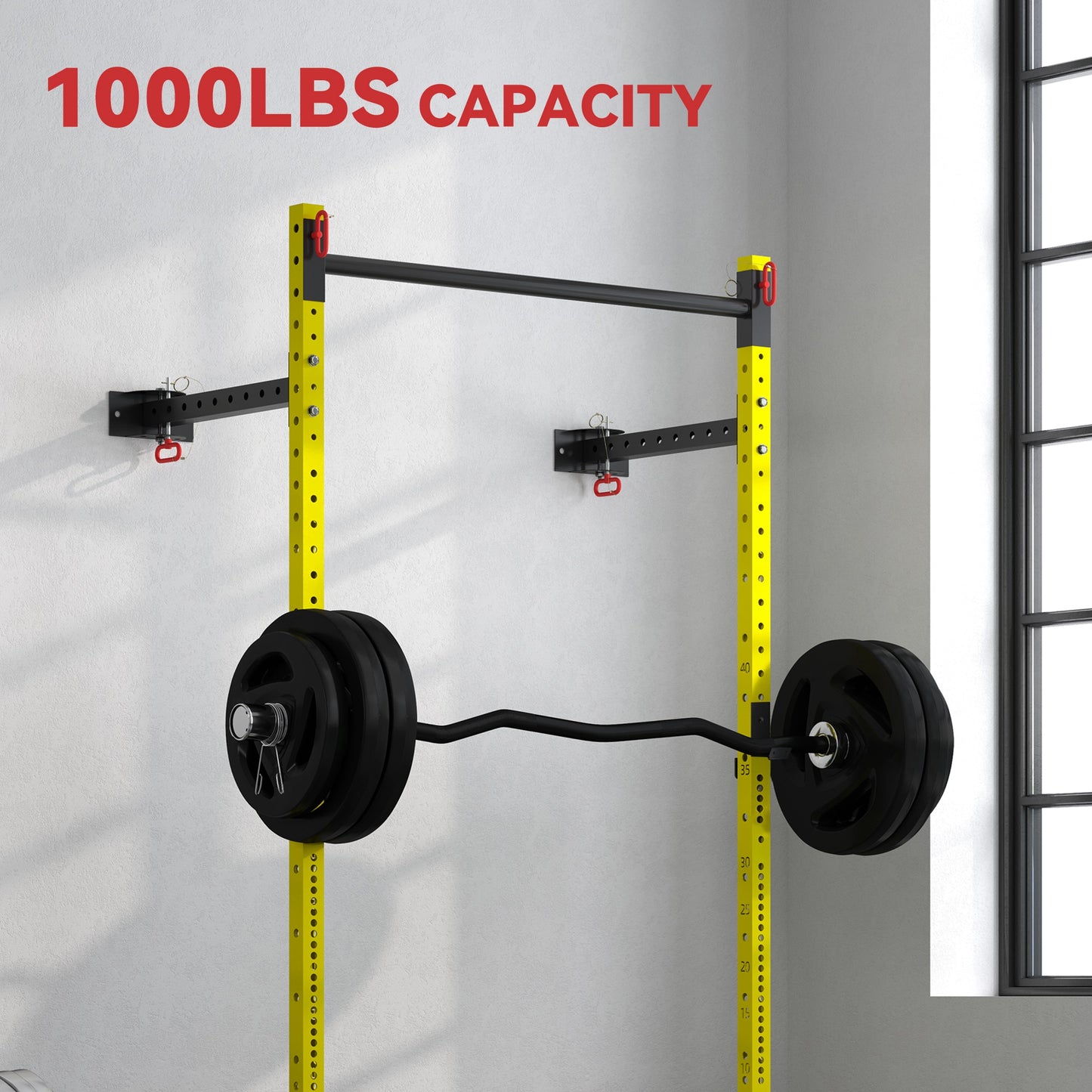 Adjustable Wall-Mounted Folding Squat Rack with Pull-Up Bar - Yellow