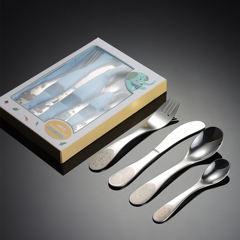Children's 4-Piece Stainless Steel Cutlery Set - Western Style, Cartoon Design
