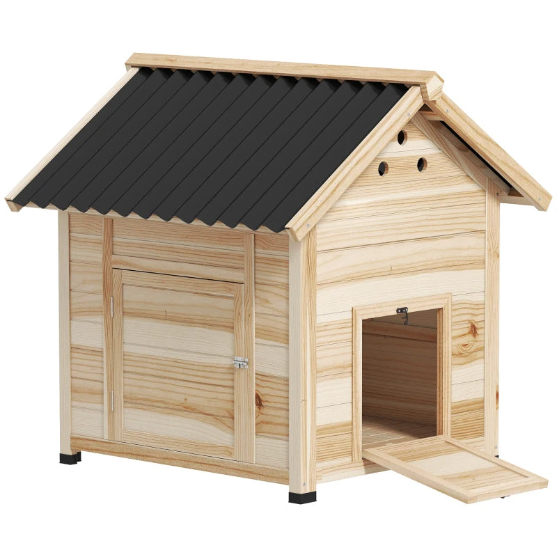 Wooden Duck House with Openable Roof & Double Doors for Pets - Natural Finish
