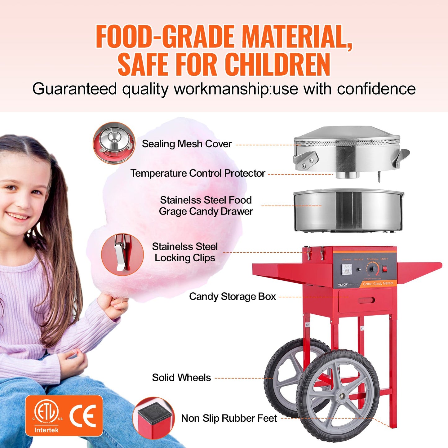 Electric Cotton Candy Machine with Cart - 1000W Commercial Candy Floss Maker, Stainless Steel Bowl, Red