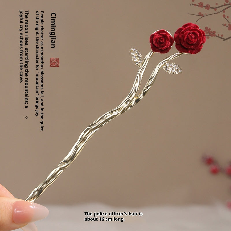 Vintage Floral Hair Stick with Red Flowers and Gold Leaves - Women’s Hair Accessory