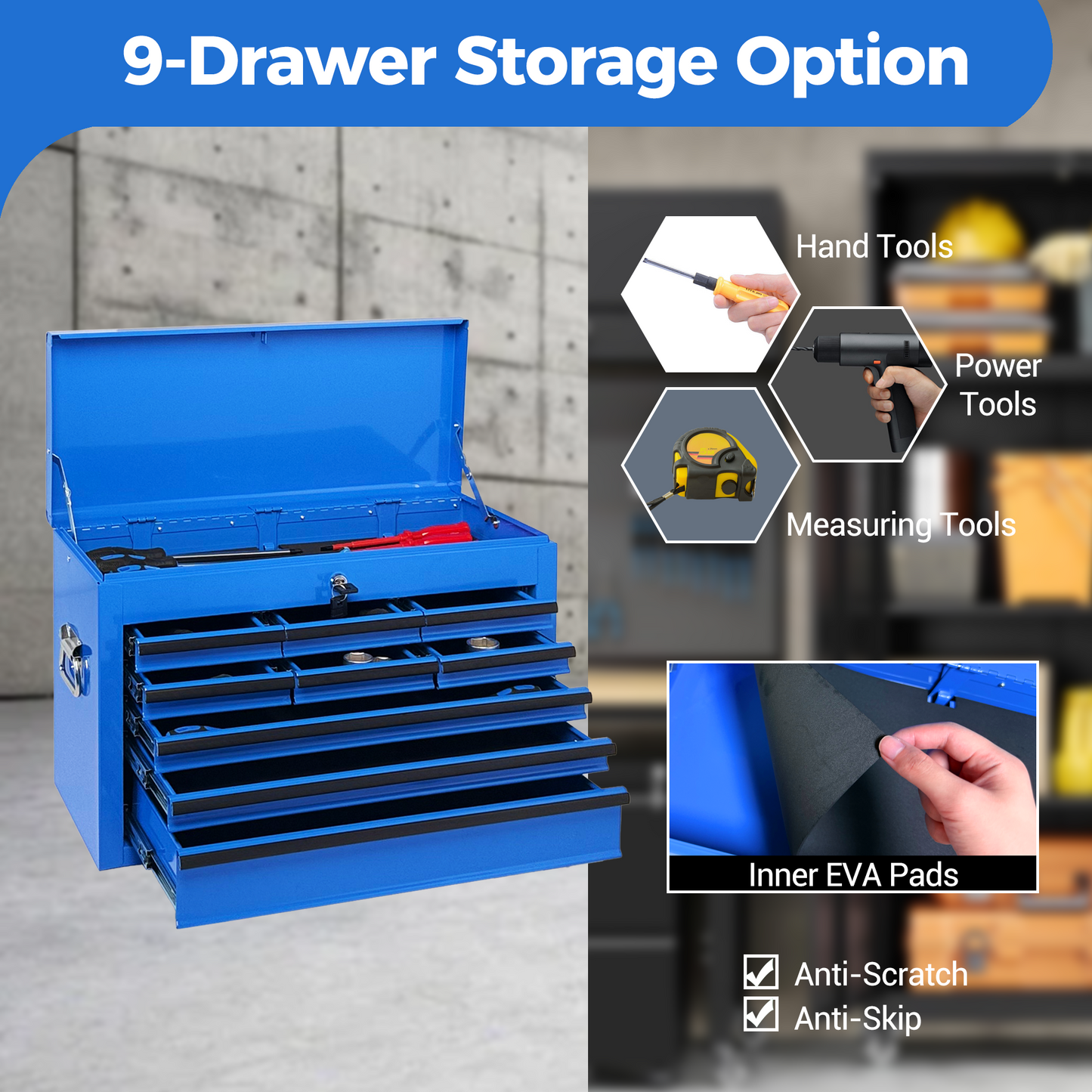 Heavy Duty Metal Tool Box 24-Inch with 9 Drawers and Locking Mechanism - Blue
