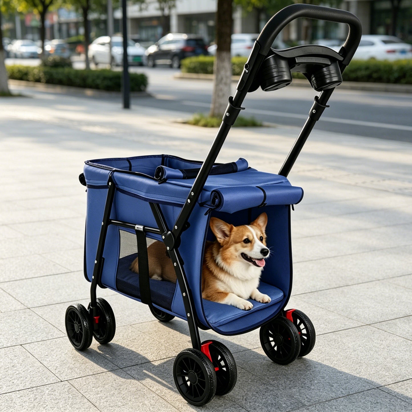 Foldable Pet Stroller with Breathable Mesh & Shockproof Wheels - Navy Blue