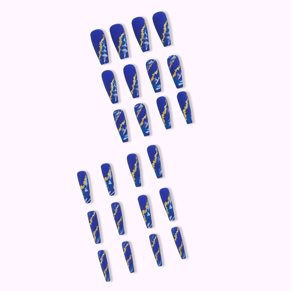 Blue Flame Marbling Fake Nail Patches with Glue - Starry Sky Design
