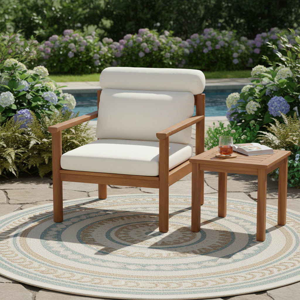 28" Acacia Wood Outdoor Lounge Chair with Thick Cushions - Teak & Beige