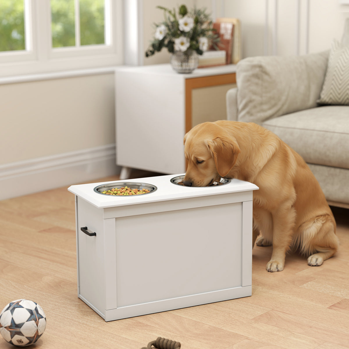 Raised Pet Feeding Station with Stainless Steel Bowls for Large Dogs - White