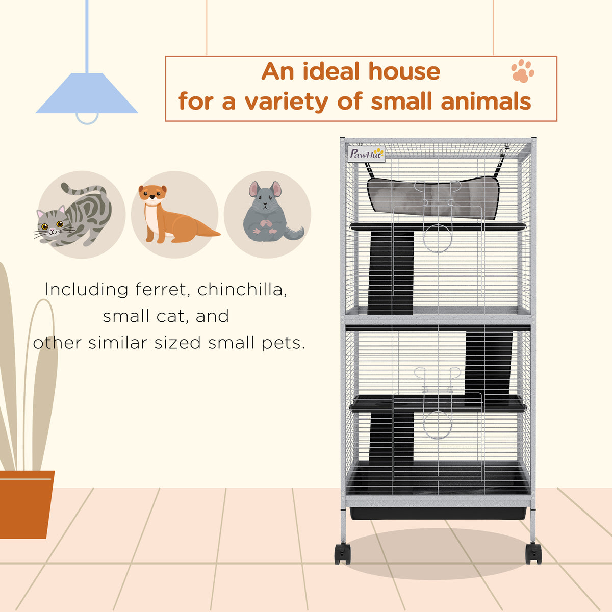 45-Inch Rolling Small Animal Cage with Hammock, Removable Tray, for Ferrets & Chinchillas - White