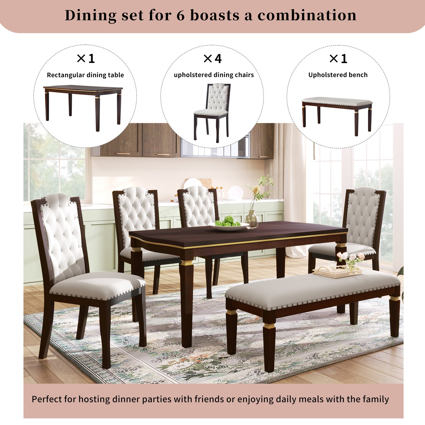 6 Piece Kitchen Dining Table Set, 60 Rectangular And 4 High-Back