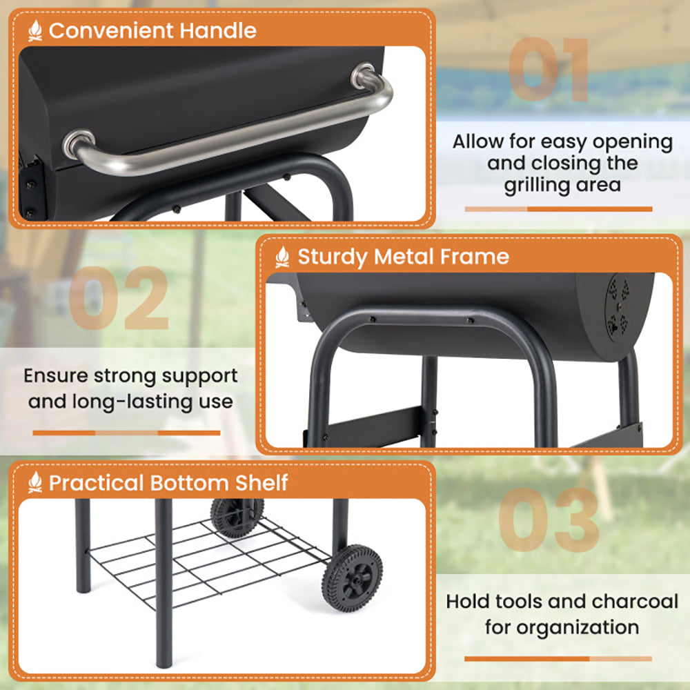 Charcoal Grill with Foldable Side Table and Thermostat - Black