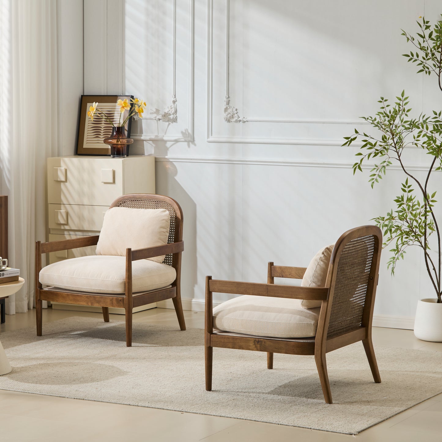 Mid-Century Modern Accent Chair Set - Light Brown & Beige Stripe