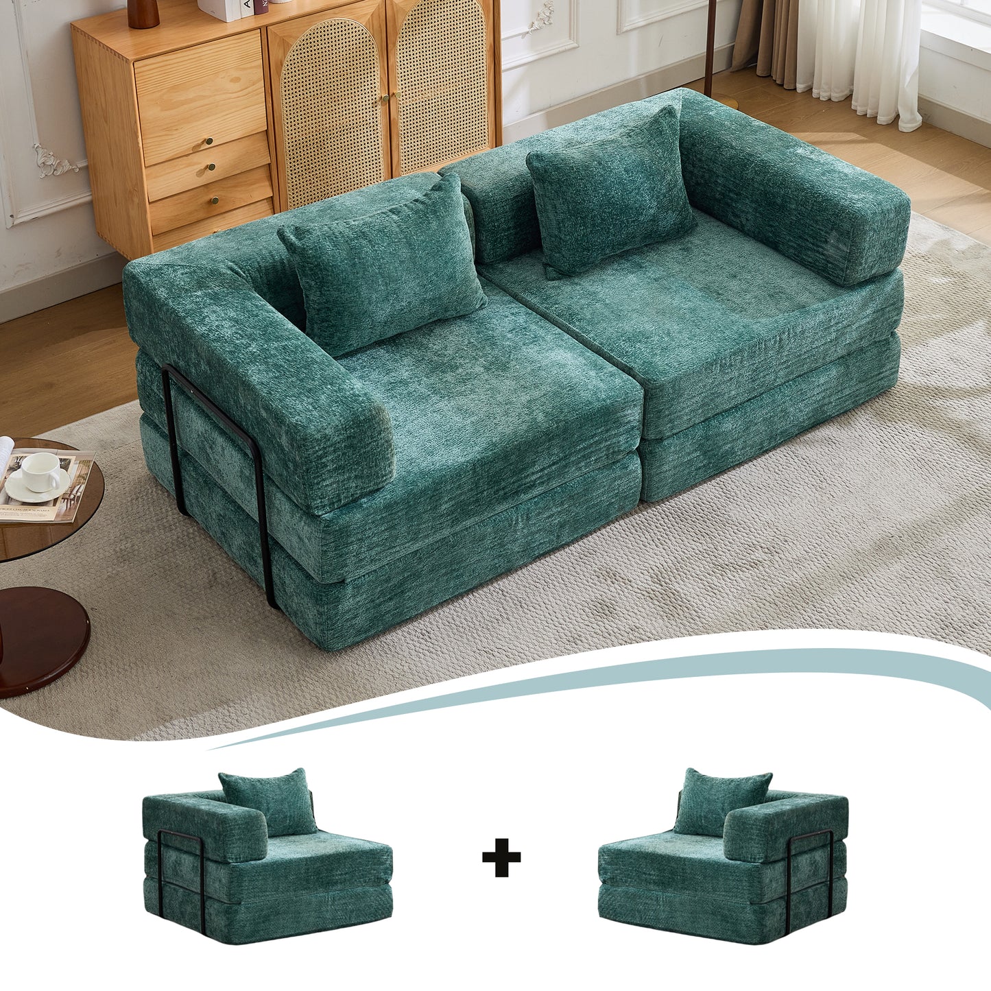 Convertible Floor Sofa Bed - Dark Green Chenille Fabric