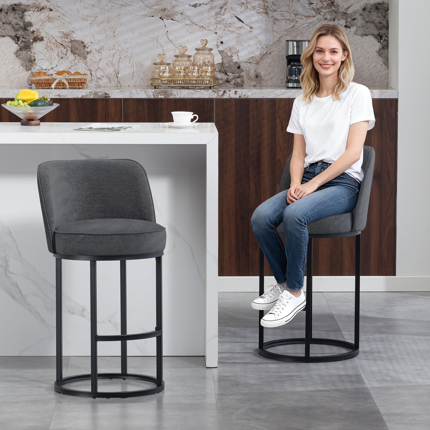 Modern Barrel Counter Stools Set of 2 - Gray Linen Upholstered